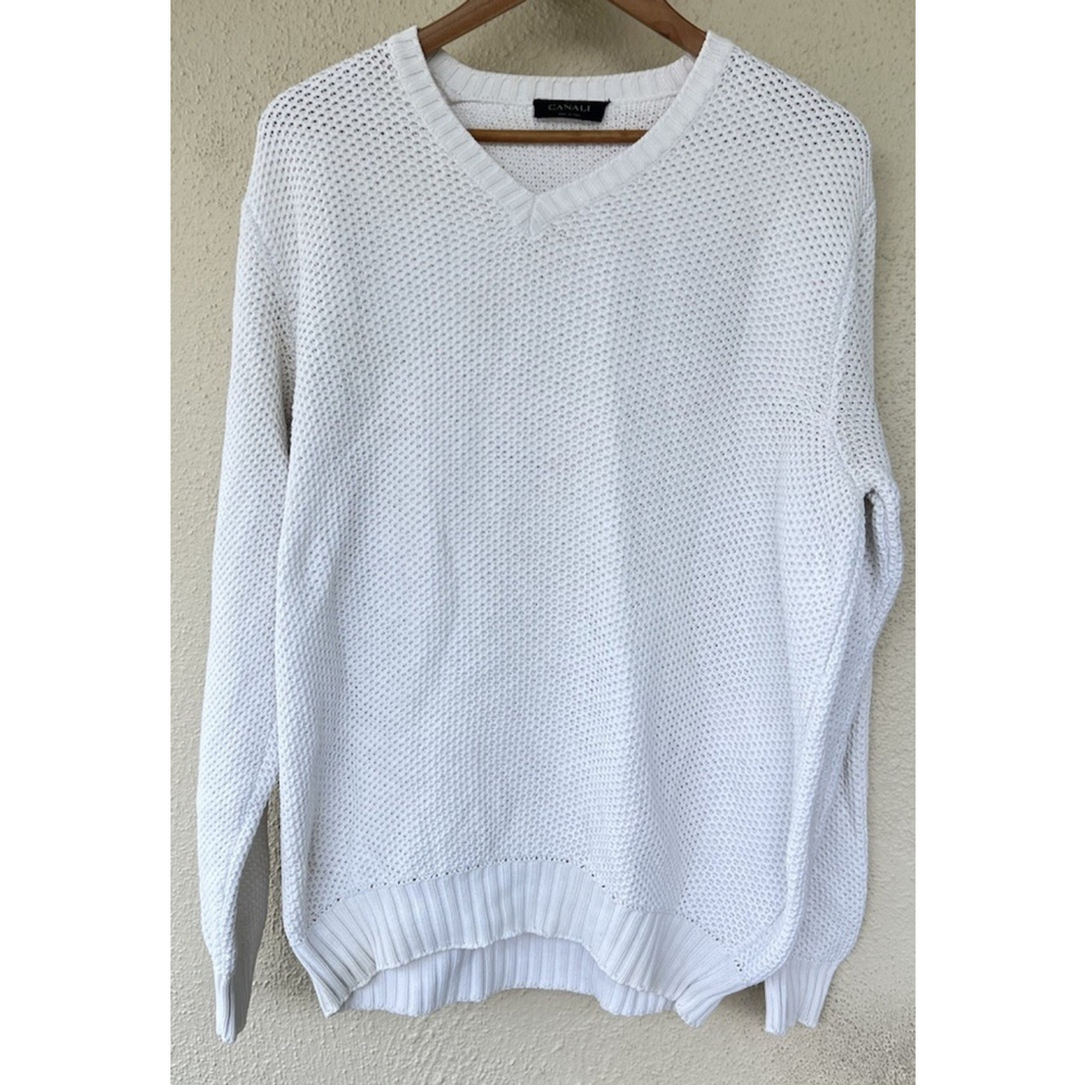 Canali Italy 100% Cotton White Knit V Neck Sweater Men’s Classic Luxury Pullover